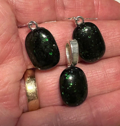 Green Sparkle Fused Glass Jewelry Set, Sterling Silver Plated Findings, Handmade Art, Gift for Her, Fused Glass Jewelry, Green Jewelry