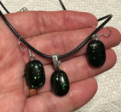 Green Sparkle Fused Glass Jewelry Set, Sterling Silver Plated Findings, Handmade Art, Gift for Her, Fused Glass Jewelry, Green Jewelry