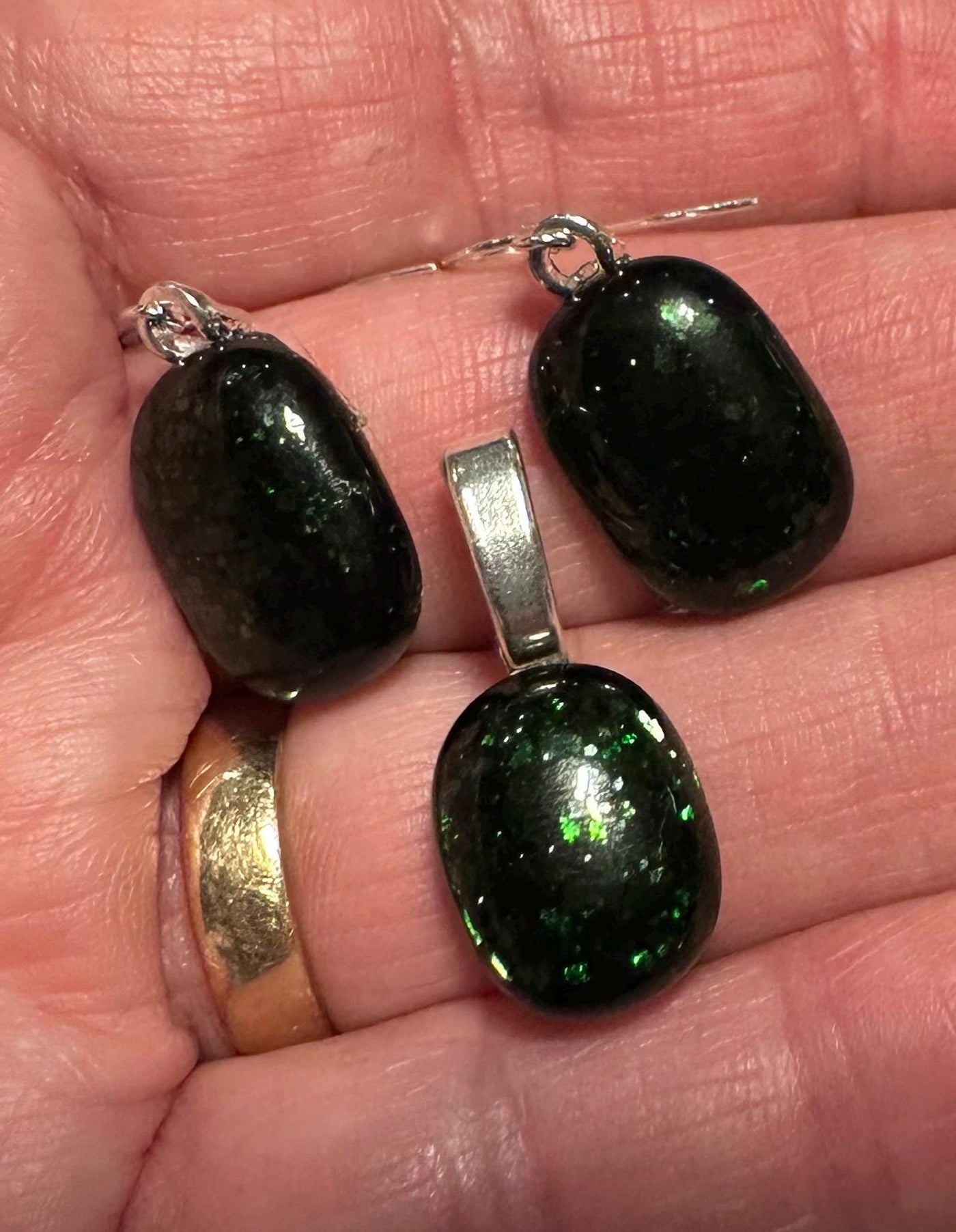 Green Sparkle Fused Glass Jewelry Set, Sterling Silver Plated Findings, Handmade Art, Gift for Her, Fused Glass Jewelry, Green Jewelry