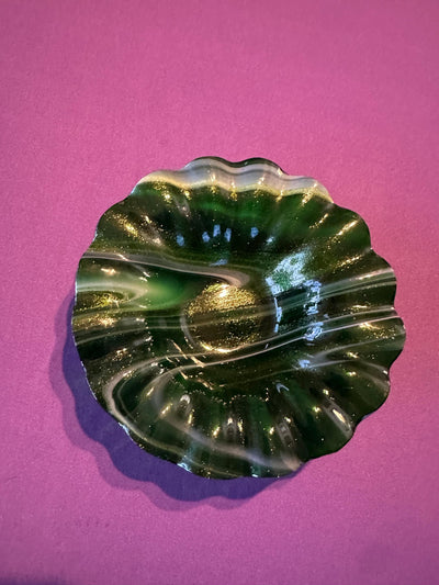 handmade ruffled edge bowl, green sparkle, candy bowl, handmade trinket dish, rings keys holder, gifts for Home, gift for her, art display