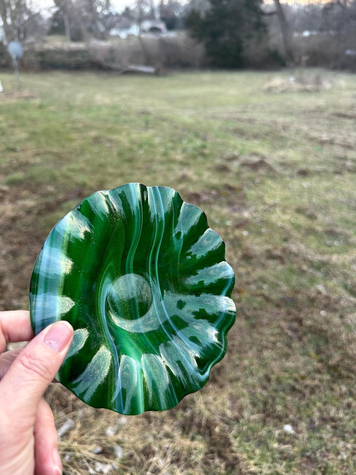 handmade ruffled edge bowl, green sparkle, candy bowl, handmade trinket dish, rings keys holder, gifts for Home, gift for her, art display