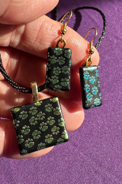 Green Paw Print Jewelry Set, Pendant and Earrings,Handmade Set, Silky Rope Necklace, Blue Dichroic Earrings and Pendant set, Dichroic Glass