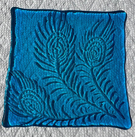 Fused Glass, Peacock Feather Sun Catcher, Handmade Art, Bright Blue Decoration, Gifts for Nature Lovers, Peacock Decor,