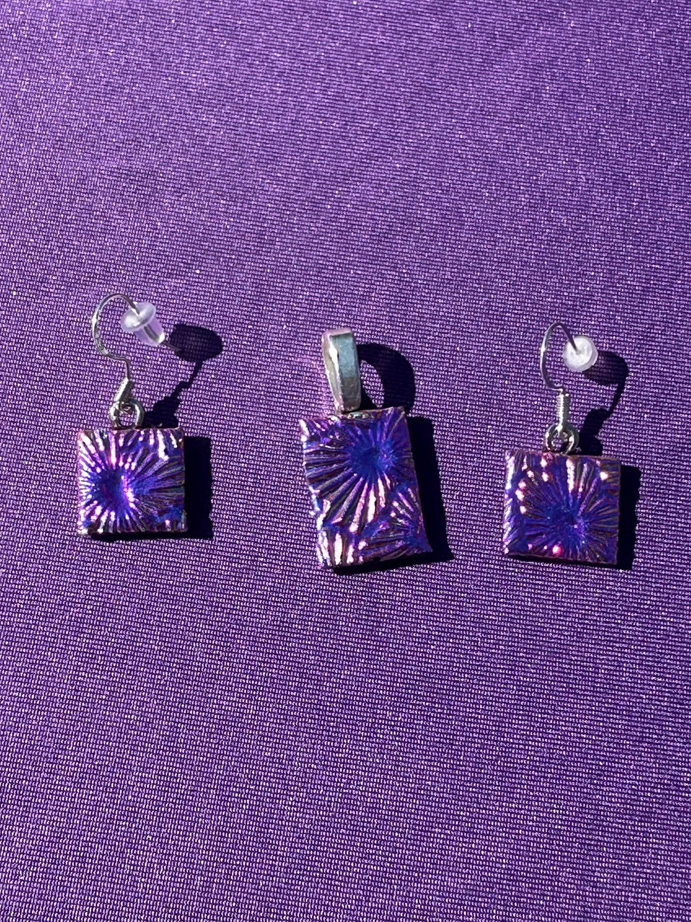 Purple Pink Dichroic Glass Jewelry Set, Nickel Free, Sterling Silver Plated Findings, silky soft rope necklace. Unique pieces.