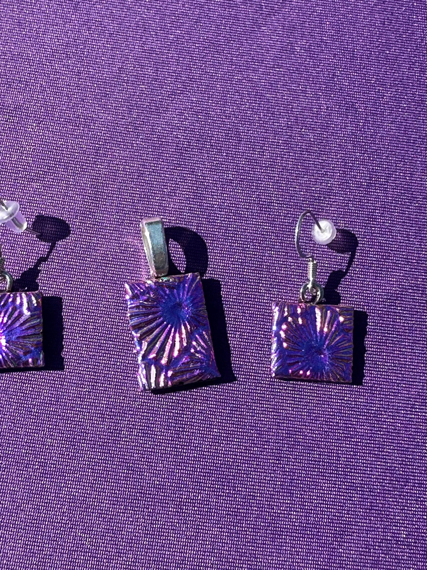 Purple Pink Dichroic Glass Jewelry Set, Nickel Free, Sterling Silver Plated Findings, silky soft rope necklace. Unique pieces.