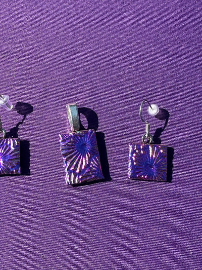 Purple Pink Dichroic Glass Jewelry Set, Nickel Free, Sterling Silver Plated Findings, silky soft rope necklace. Unique pieces.