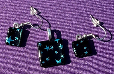 Blue Star Jewelry Set, Pendant and Earrings,Handmade Set, Silky Rope Necklace, Blue Dichroic Earrings and Pendant set, Dichroic Glass