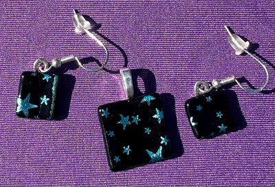 Blue Star Jewelry Set, Pendant and Earrings,Handmade Set, Silky Rope Necklace, Blue Dichroic Earrings and Pendant set, Dichroic Glass