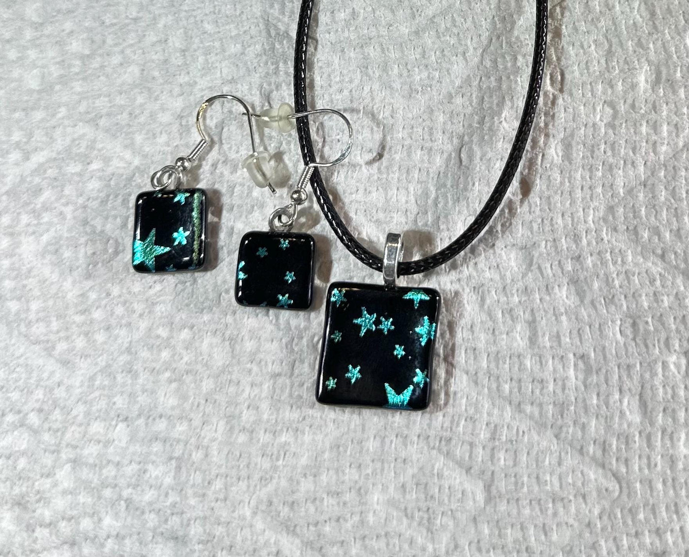 Blue Star Jewelry Set, Pendant and Earrings,Handmade Set, Silky Rope Necklace, Blue Dichroic Earrings and Pendant set, Dichroic Glass