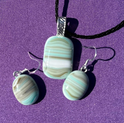 Earrings and Pendant Set, Neutral Colors with Blue Beige Tan and Brown Jewelry, Sterling Silver Plated Findings, Handmade, Unique Jewelry