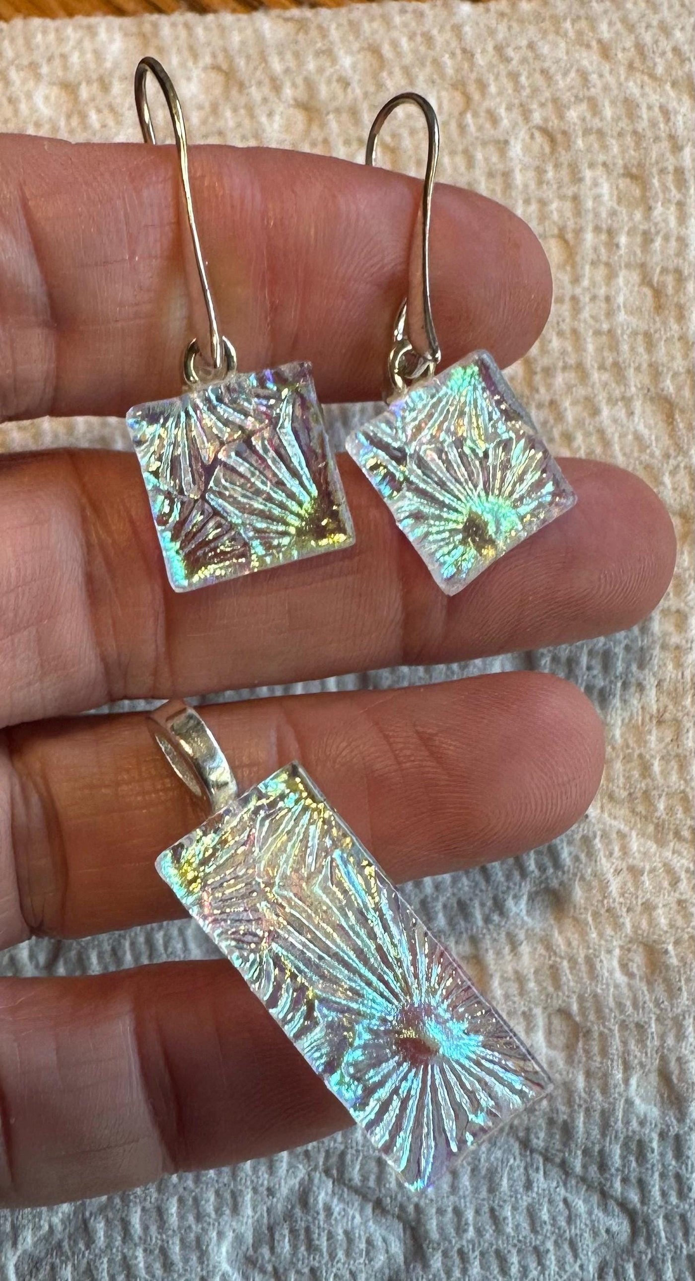 Clear Dichroic Jewelry Set, Pendant and Earrings Set, Handmade Art to Wear, Sparkling Necklace, Sparkling Earrings, Unique Gift, Gift forHer