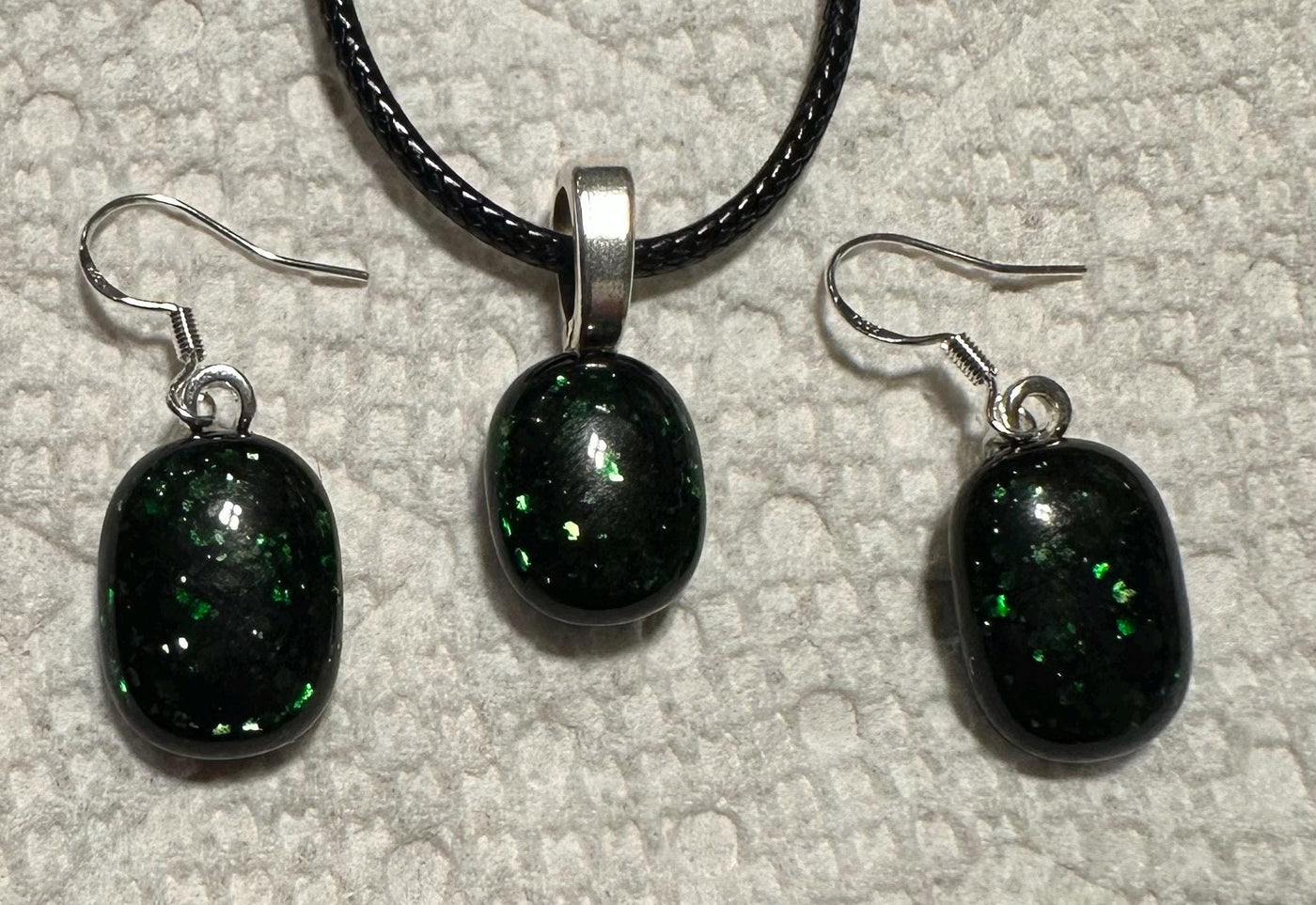 Green Sparkle Fused Glass Jewelry Set, Sterling Silver Plated Findings, Handmade Art, Gift for Her, Fused Glass Jewelry, Green Jewelry