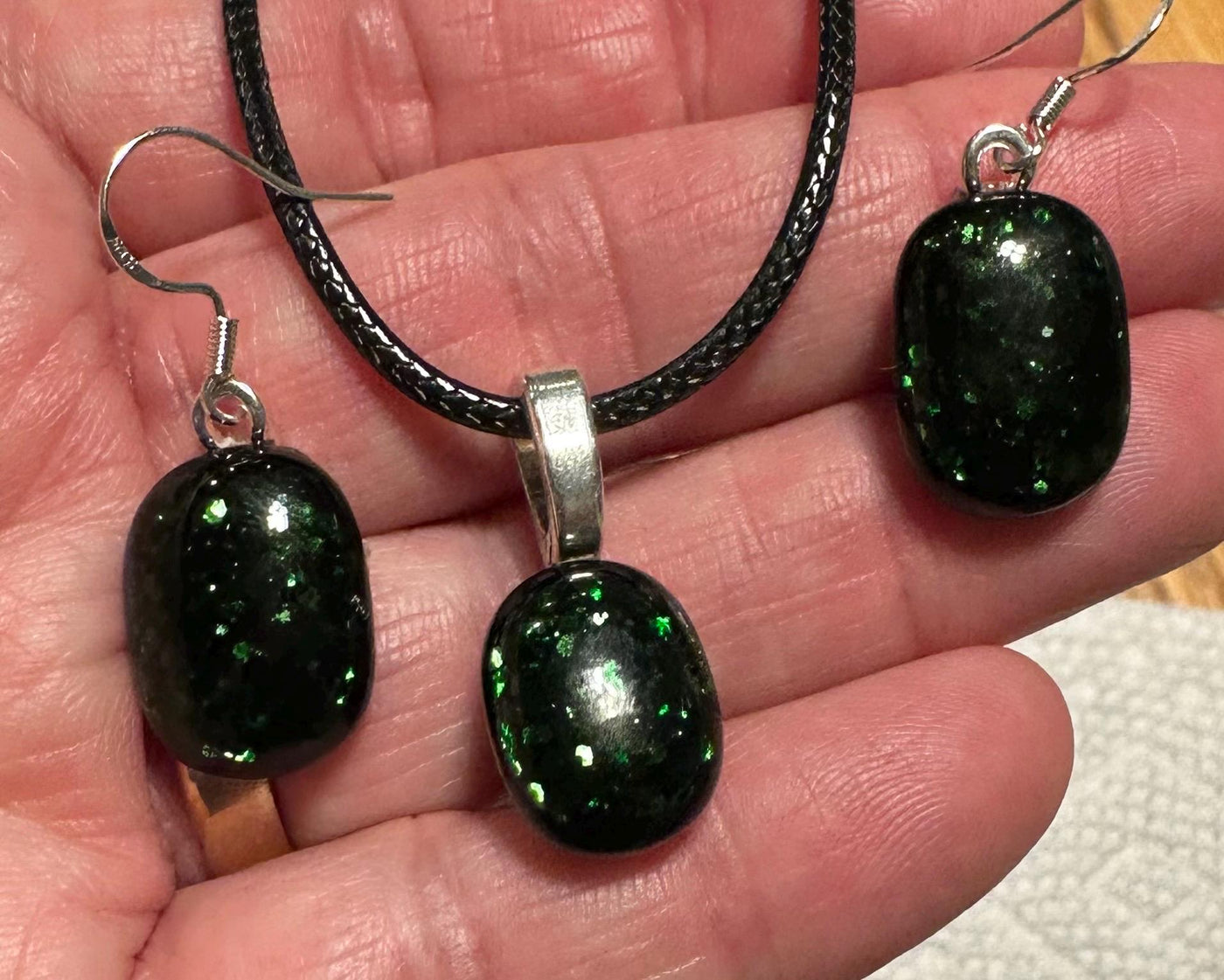 Green Sparkle Fused Glass Jewelry Set, Sterling Silver Plated Findings, Handmade Art, Gift for Her, Fused Glass Jewelry, Green Jewelry