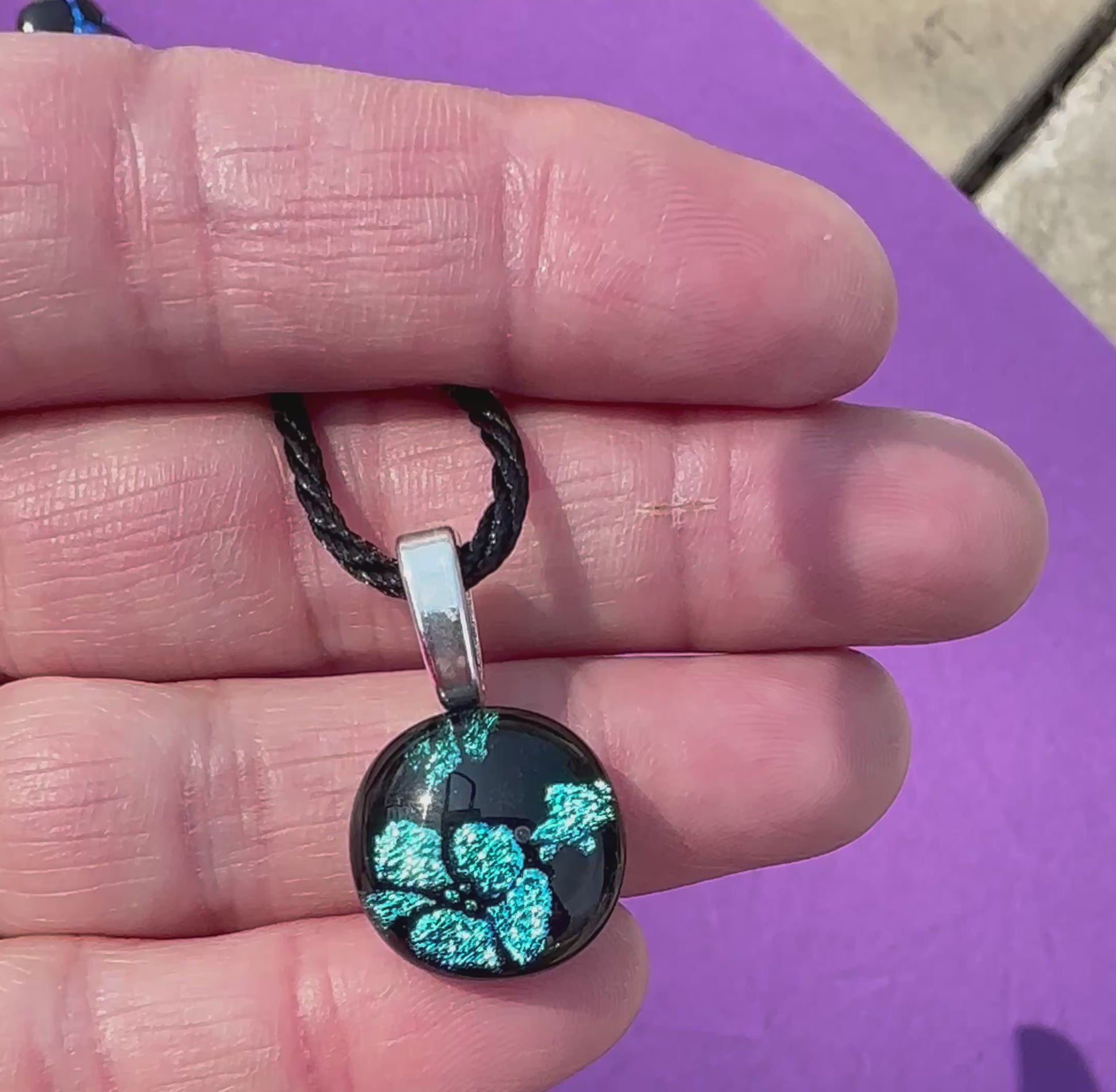 Handmade Dichroic Glass Flower Pendant-Shimmering Blue on Black, Unique Jewelry, Elegant & Eye Catching Gift for Any Occasion. Gift for Mom.