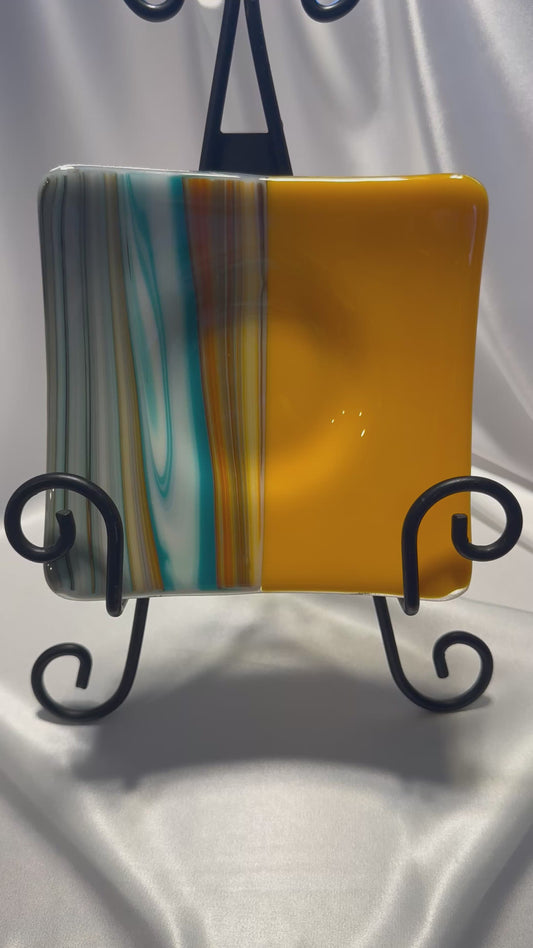 Handmade Orange and Swirled Multicolored Glass Plate Modern Art Glass Tray, Vibrant Square Dish Unique Decorative or Serving Plate Mom Gift