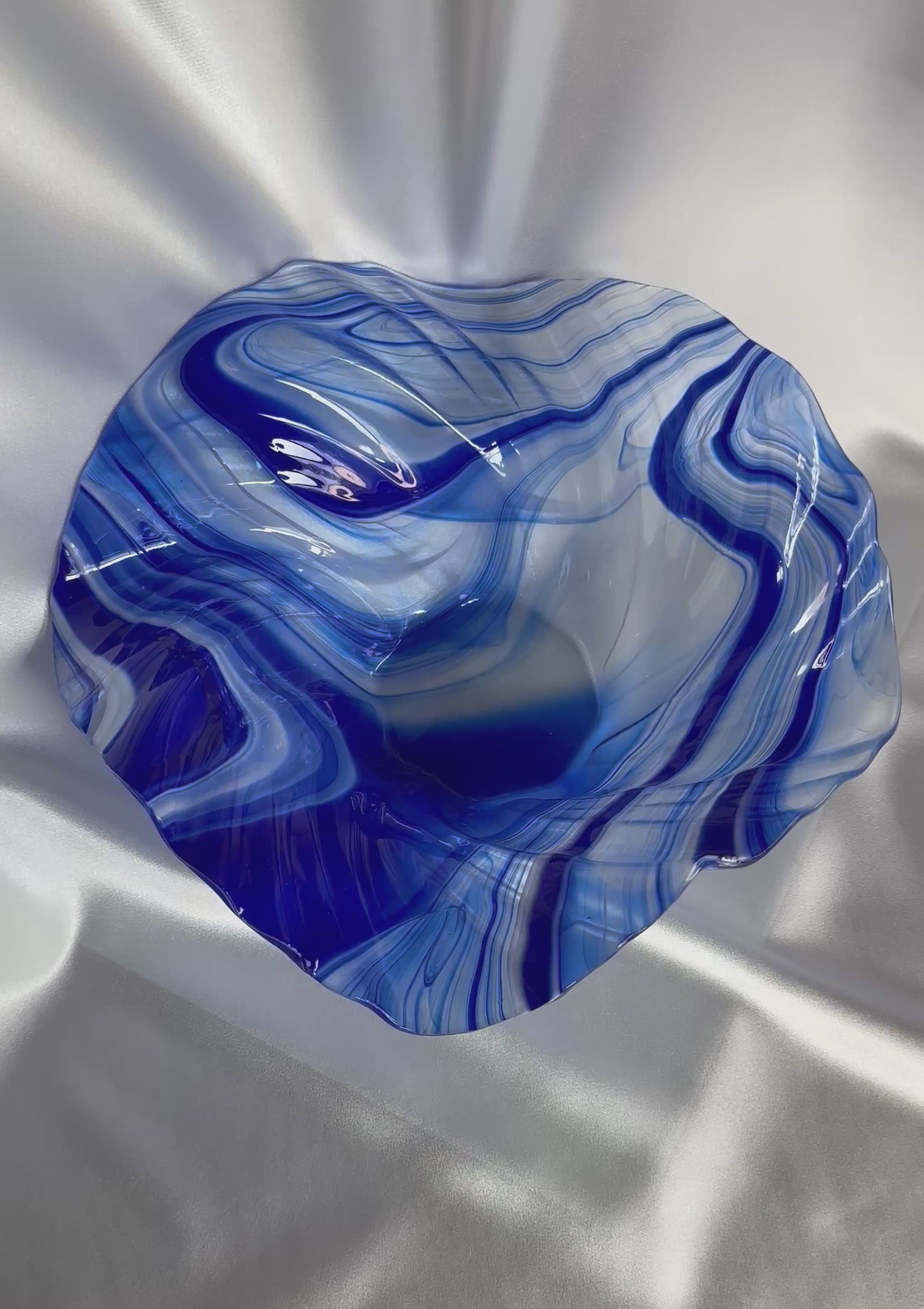 Fused Glass White, Cobalt Blue Clear Wavy Bowl Handmade Art Glass Catchall or Centerpiece, Vibrant Decorative Dish with Flowing Edges, Boho