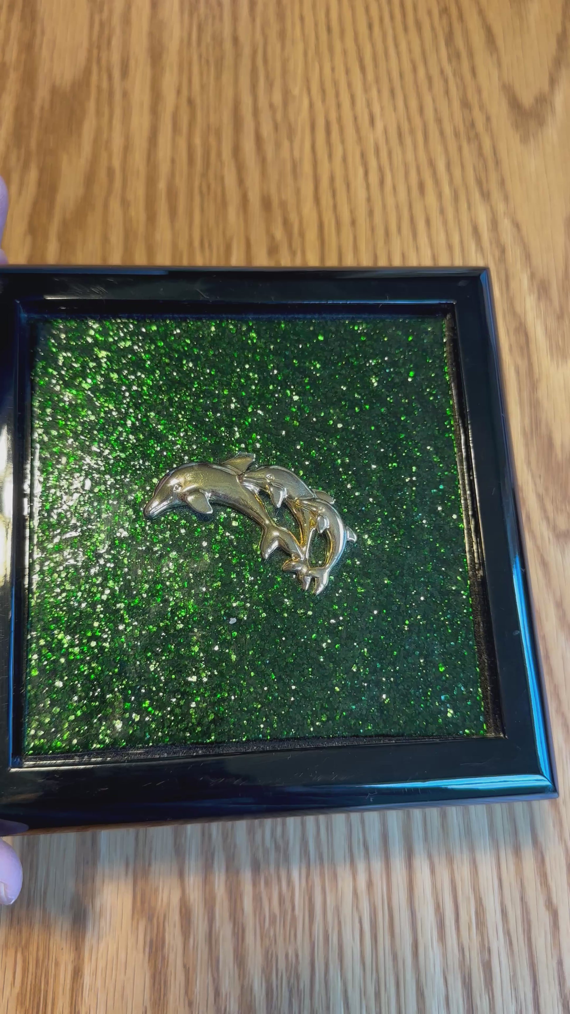 Handcrafted Black Enamel Wooden Box with Green Fused Glass and Gold Dolphin Accents - Unique Jewelry or Trinket Box